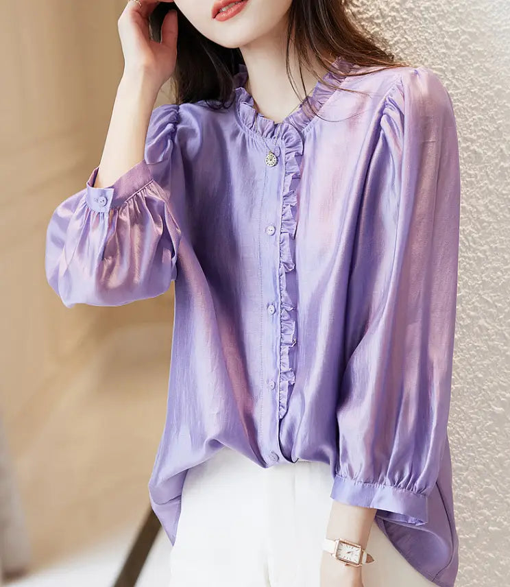Nine-quarter Sleeve Shirt Women’s Puff Sleeve Thin Solid Color Top