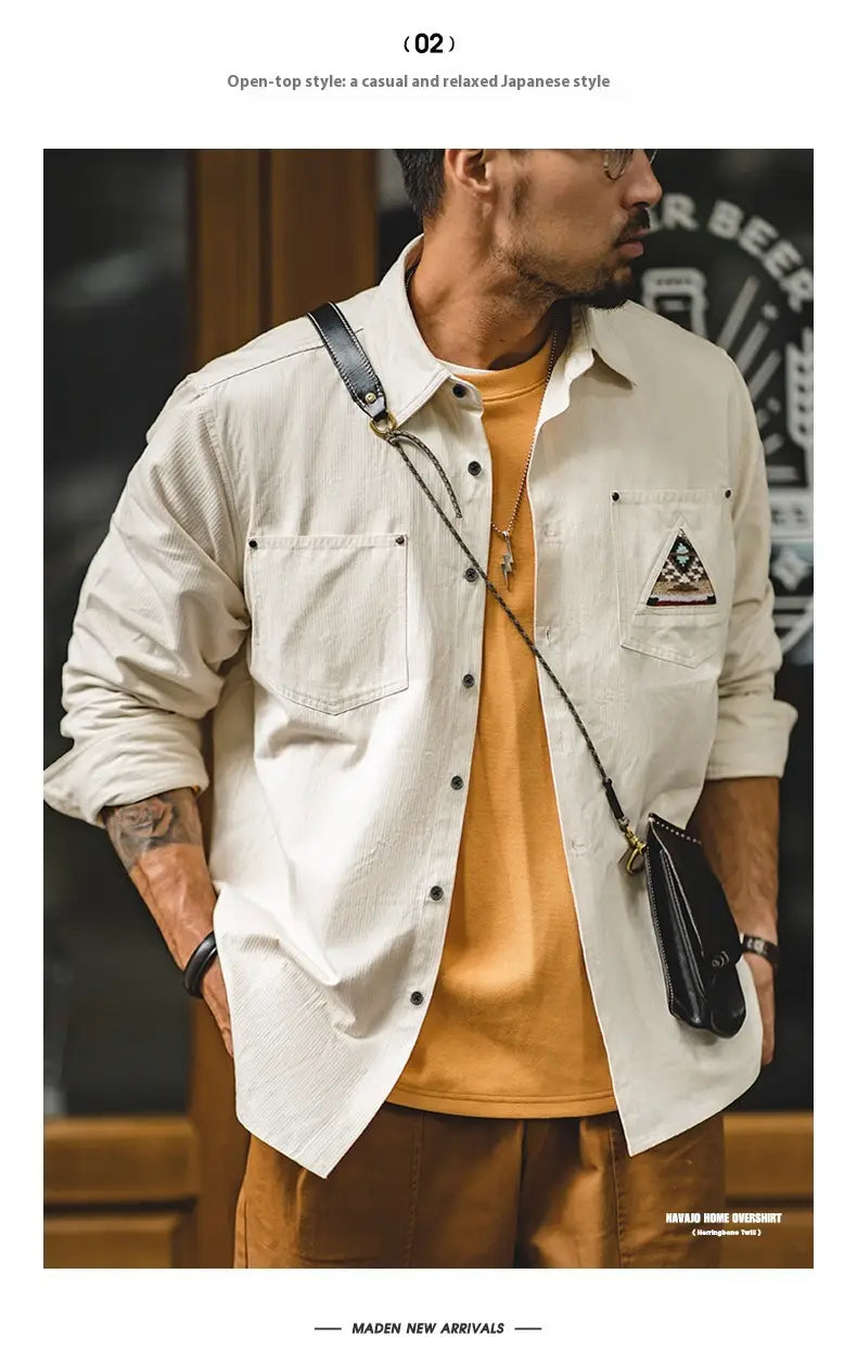 Men’s Retro Indian Totem Creamy-white Long-sleeved Shirt