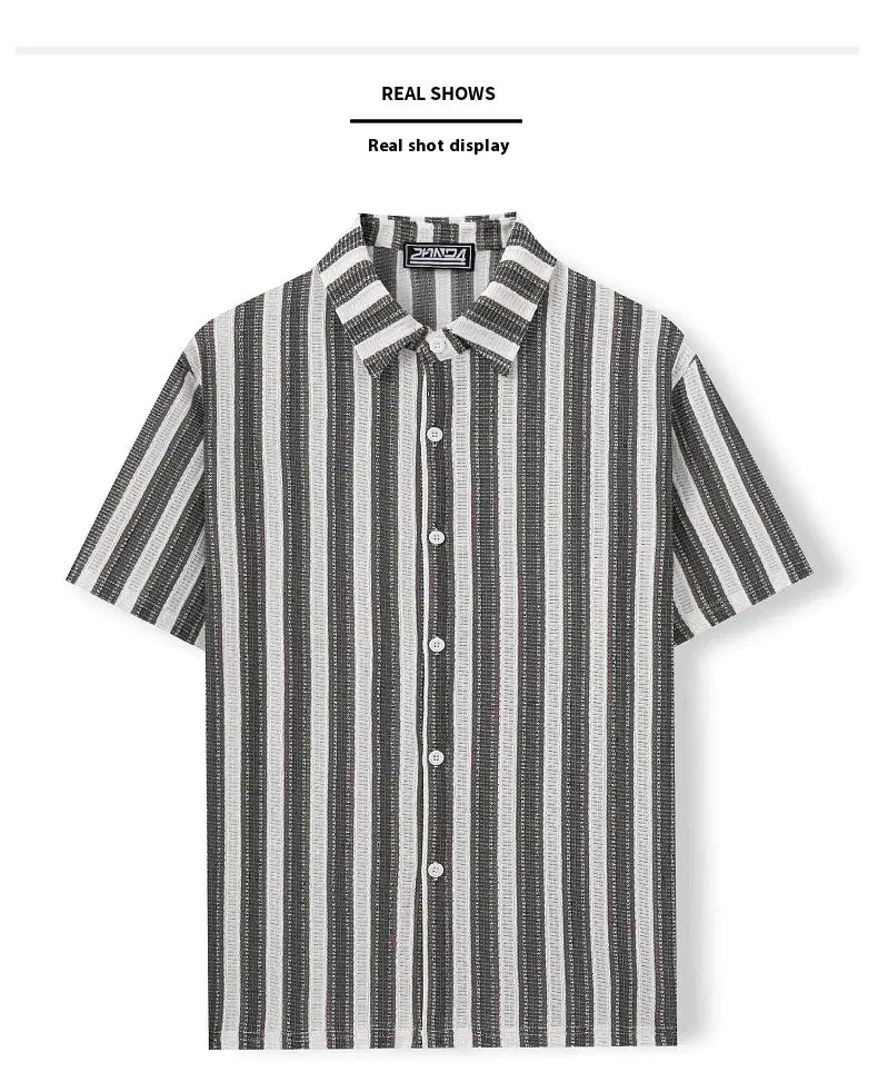 Men’s Beach Casual Yarn-dyed Striped Short-sleeved Lapel Shirt A0407