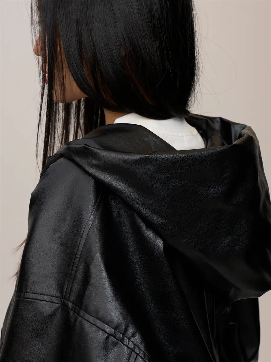 Women’s Black Hooded Leather Coat
