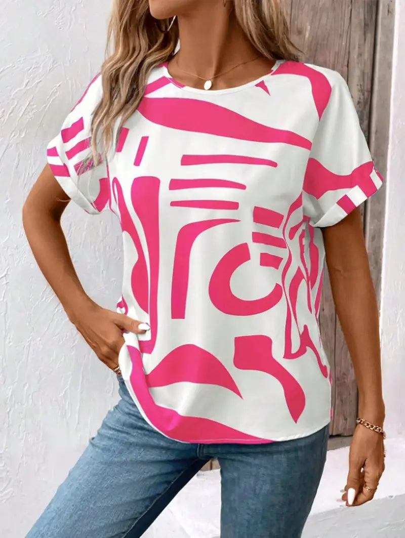 Batwing Sleeve Round Neck Geometric Printed Shirt For Women