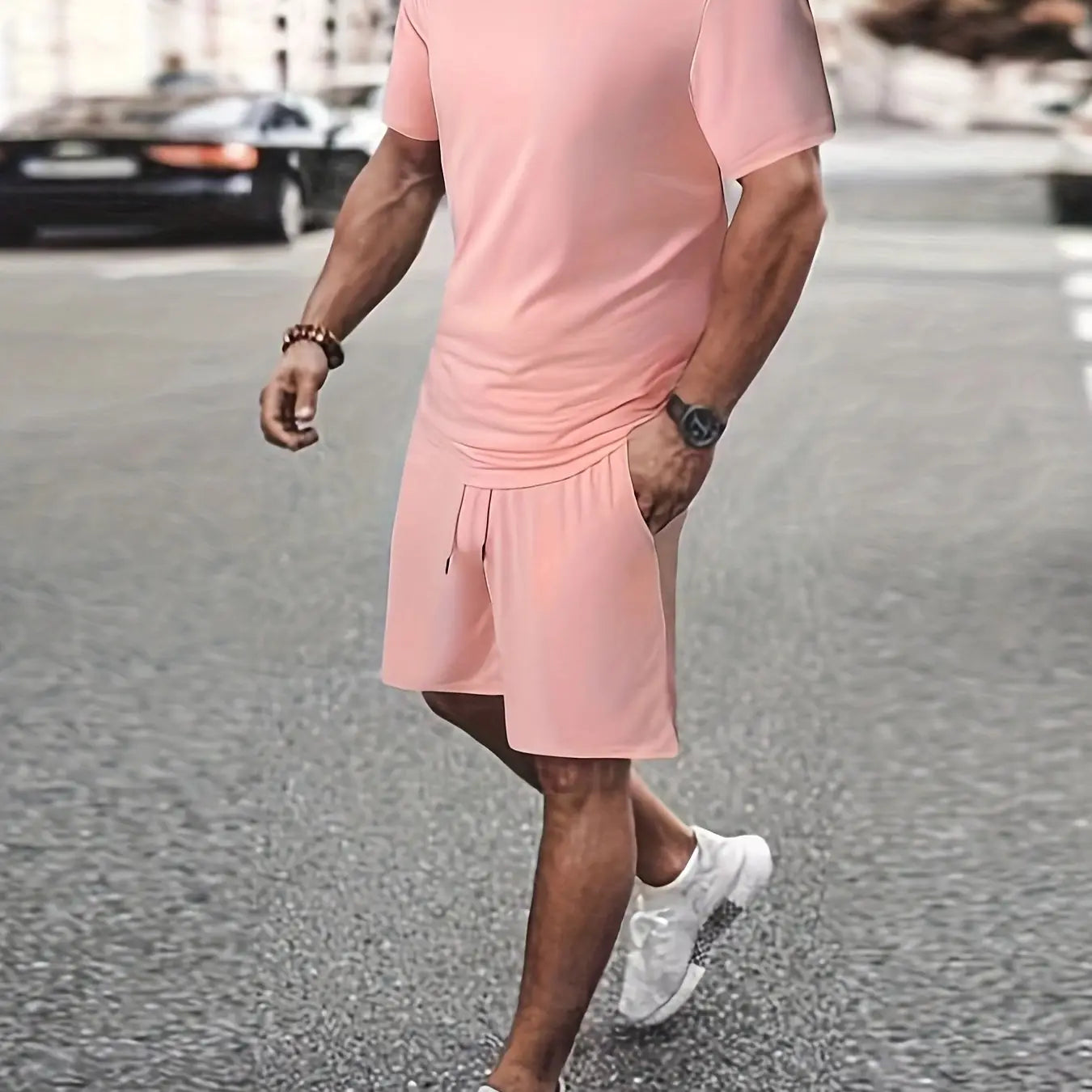 Men’s Outfit Solid Casual Crew Neck Short Sleeve T-Shirt & Drawstring Shorts 2-piece Set For Summer Outdoor Activities