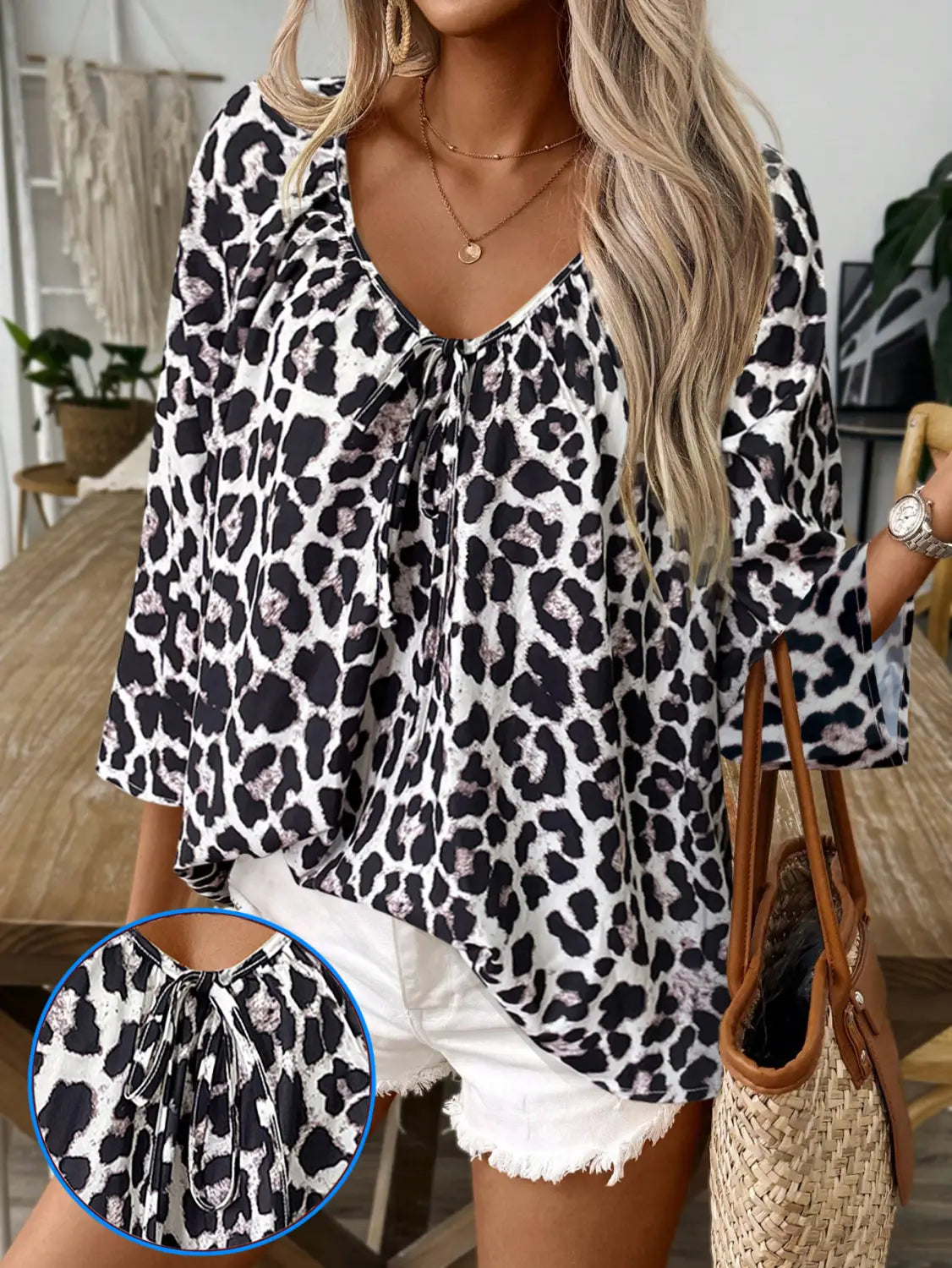 Spring And Summer Women’s Top Leopard Print V-neck Pleated Seven Quarter Sleeve Shirt Temperament Commuting