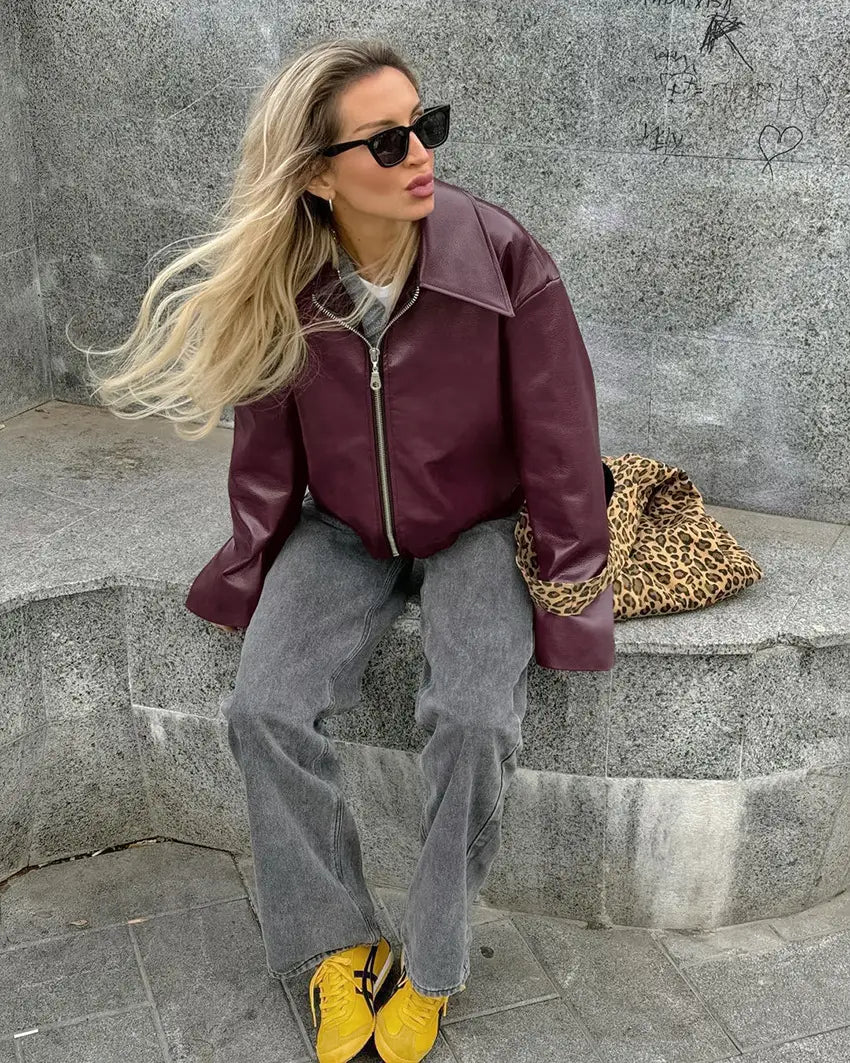 Retro Biker’s Style Wine Red European And American Handsome Matte Leather Jacket Coat