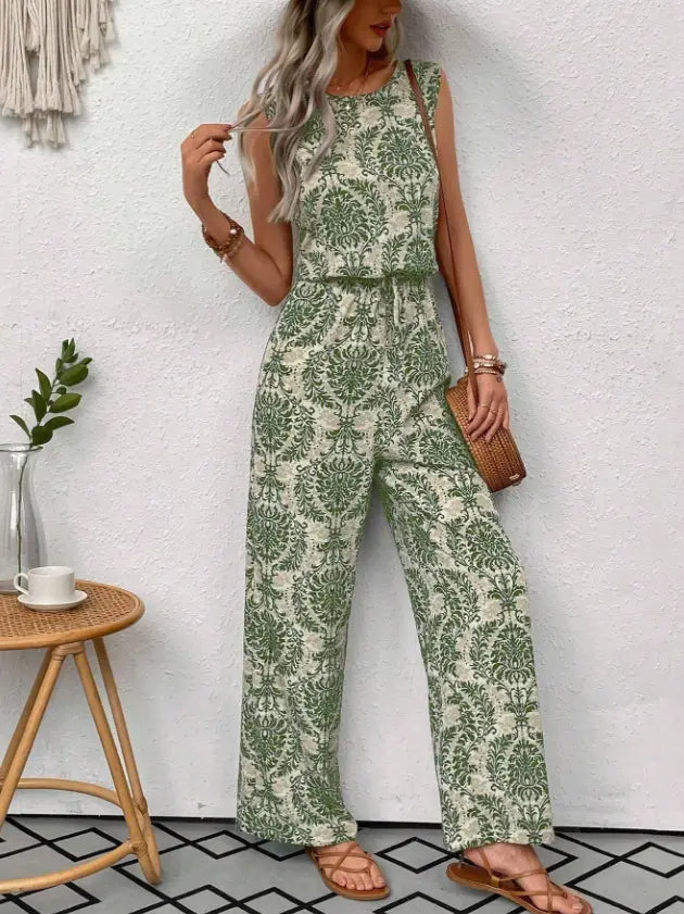 Printed Waist Cinching Casual Straight Leg Pants Set