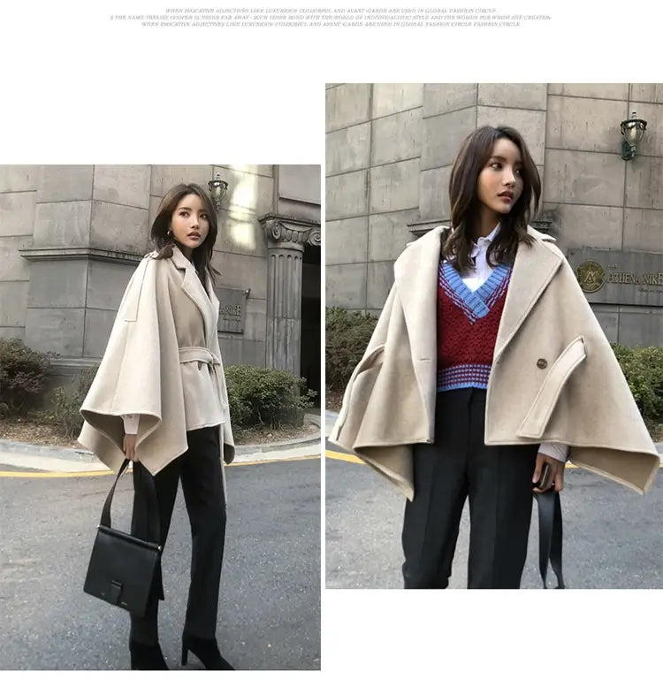 Lace-up Shawl Cape Thickened Coat Woolen