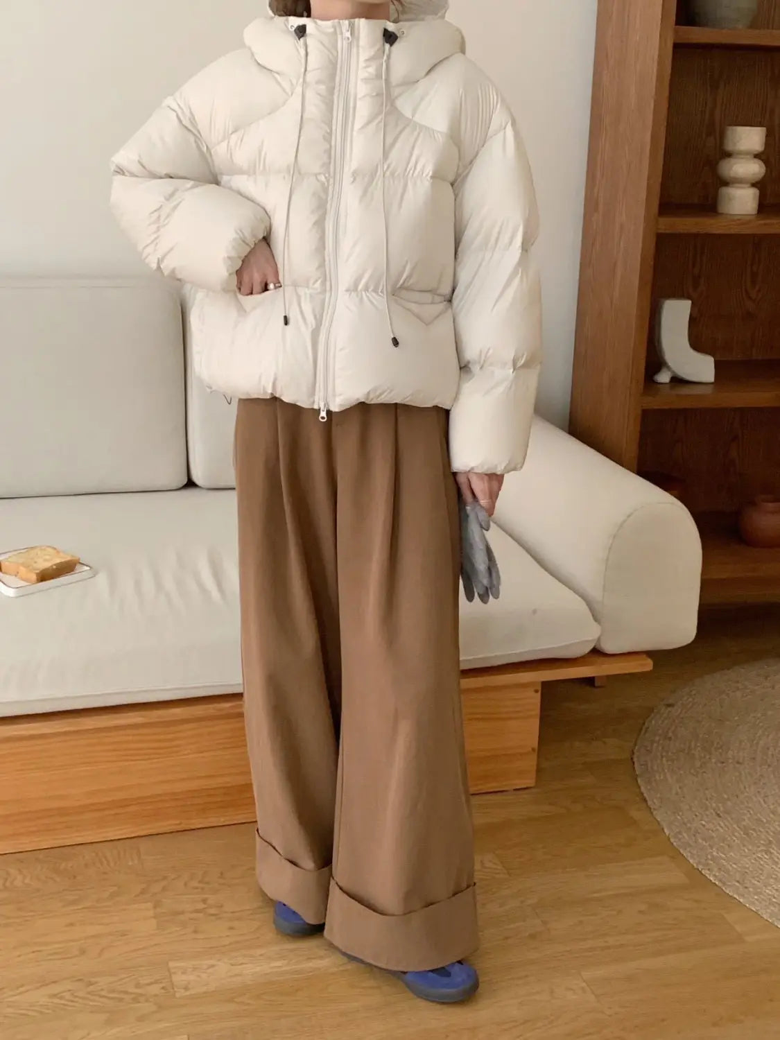White Duck Down Puff Fluffy Hooded Down Jacket