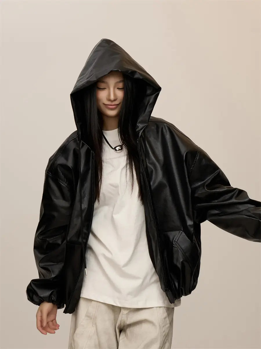 Women’s Black Hooded Leather Coat