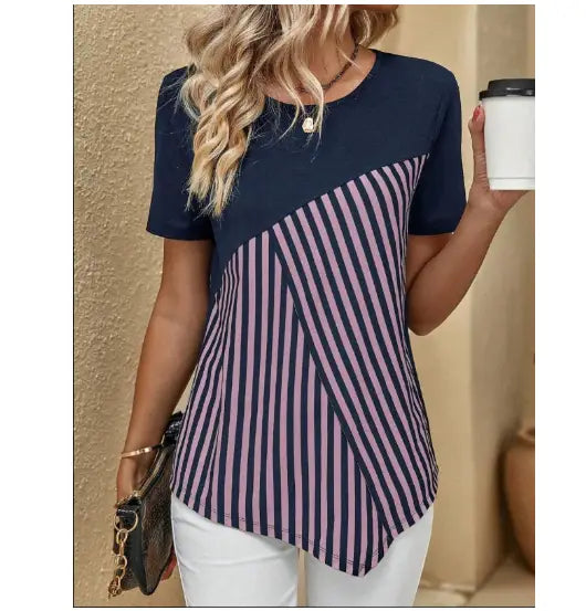 Women’s Color Matching Striped Printed Short Sleeve Crew Neck Casual T-shirt