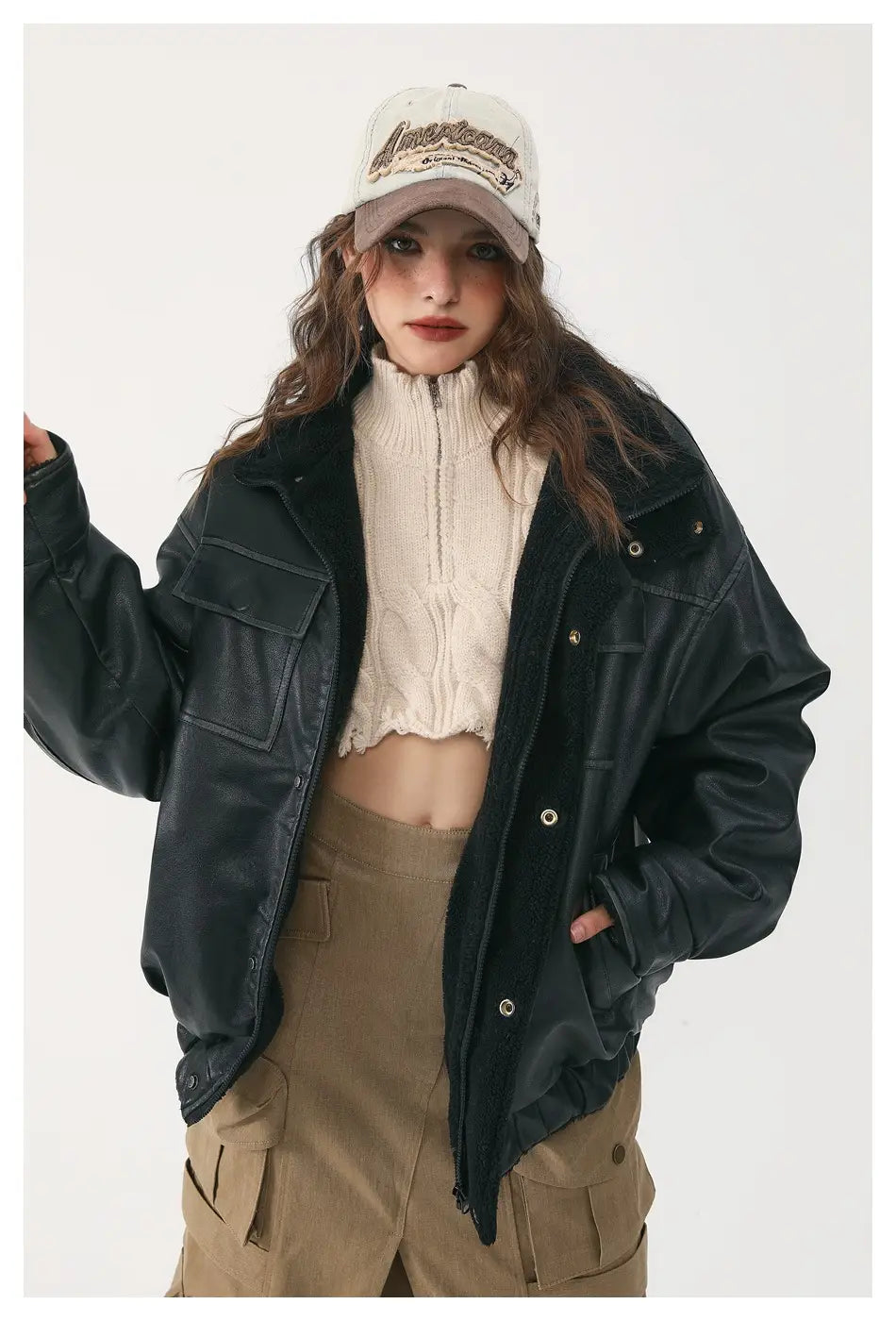 Winter PU Leather Coat Cotton-padded Coat Stand Collar Coat Thickened Lamb Wool