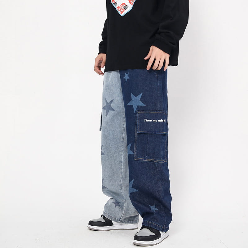 Star Print Two-Tone Multi Pockets Jeans Hip Hop Casual Trousers