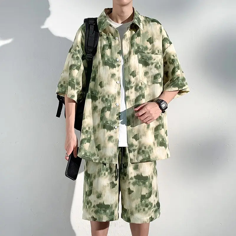 Cool Feeling Ice Silk Short Sleeve Shirt Shorts Loose And Handsome Clothes Set