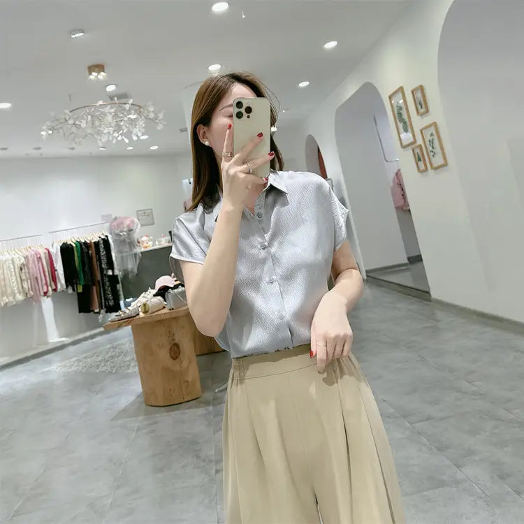 Pearl Satin Shirt Reverse Collar Single-breasted