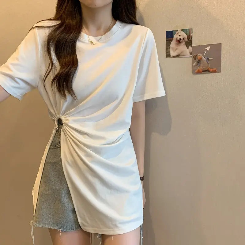 Cotton Irregular Split Short-sleeved T-shirt Women’s Summer