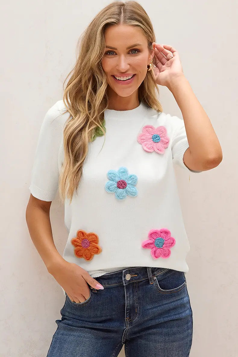 Three-dimensional Flower Decoration Half-sleeve Top European And American Commuters’ Knitted