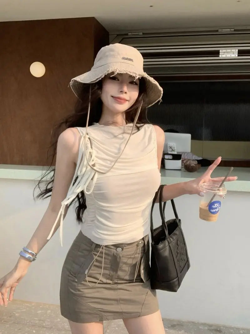 Design Mesh Lace-up Waist-controlled Pleated Vest