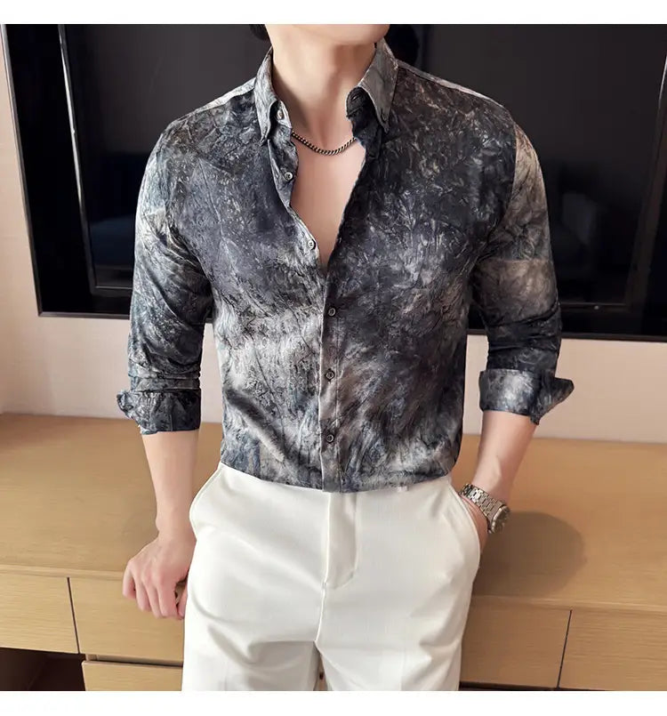 Trendy Tie-dye Printed Shirt Men’s Long Sleeve Spring Slim-fitting