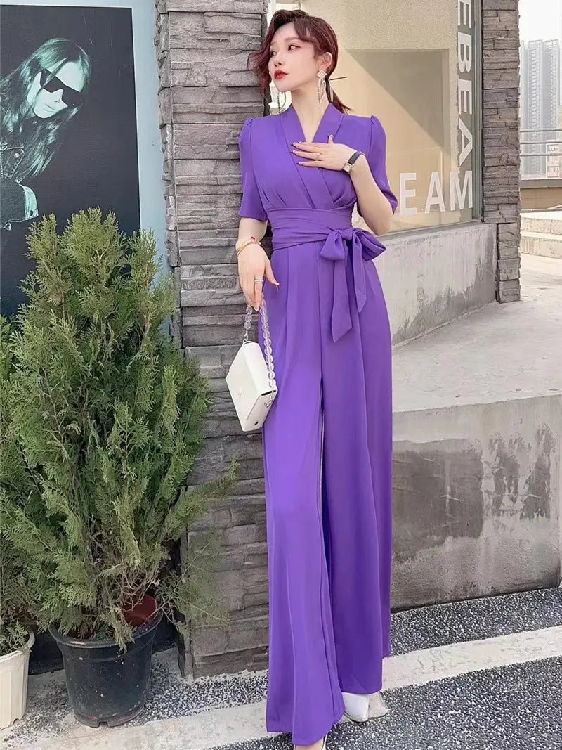 Elegant Temperament Pure Color High Waist Slimming Lace-up Wide Leg Jumpsuit