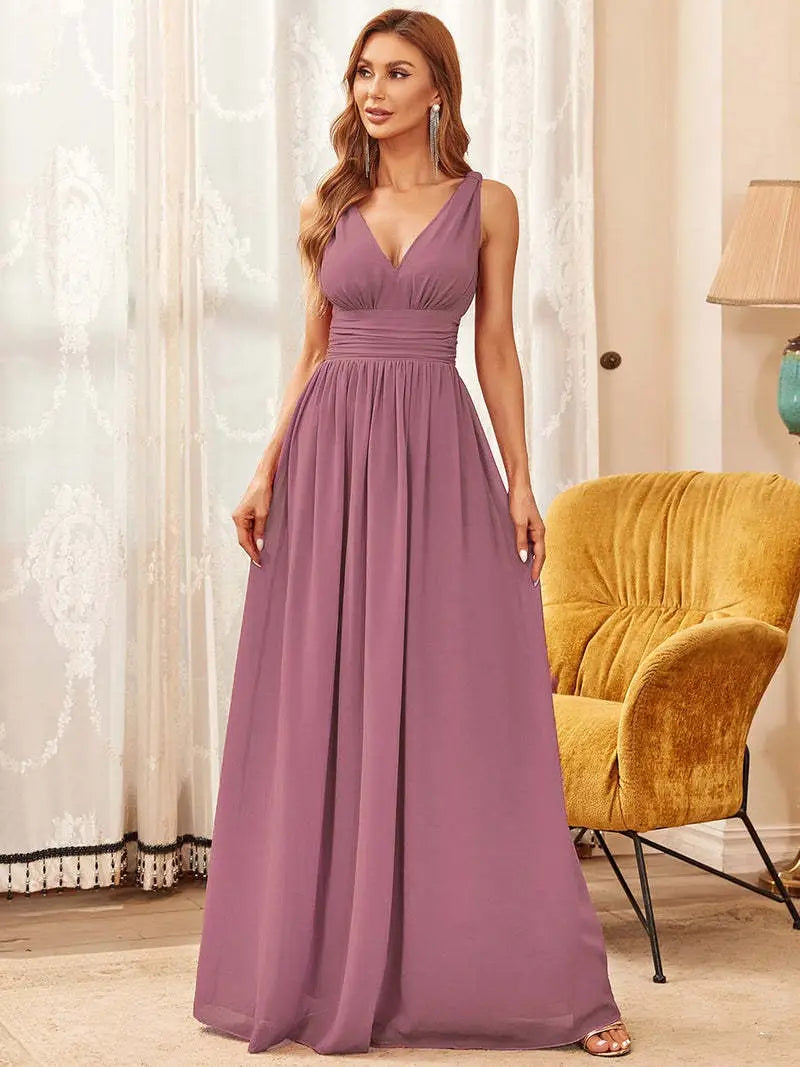 Deep V-neck Bridesmaid Plus Size High Waist Evening Dress