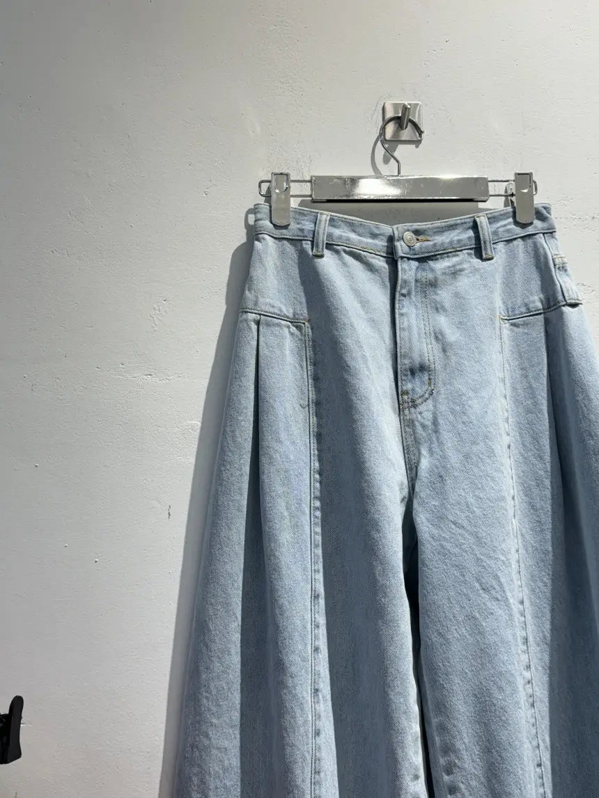 Women’s Korean-style Temperament High Waist Pleated Stitching Wide-leg Jeans