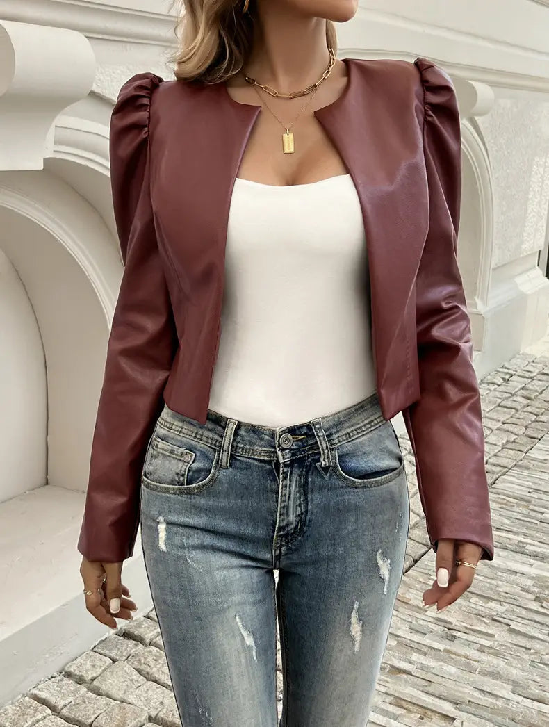 Jacket Women’s Temperament Leisure Cardigan Solid Color Leather Coat