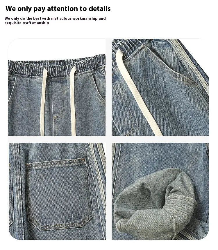 Light Blue Side Three Bars Straight Jeans Men