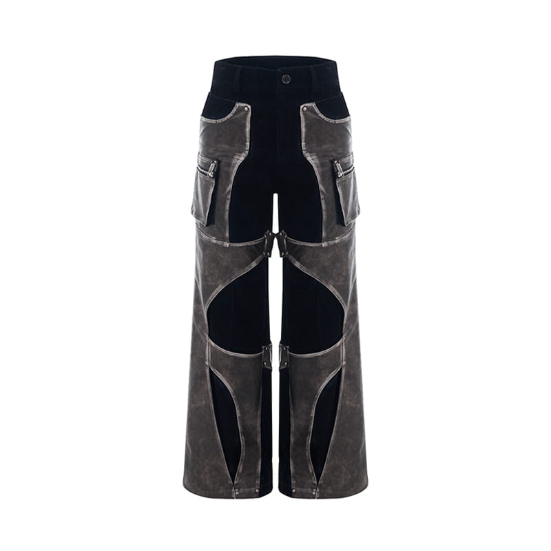 Niche Structure Design Leather Patchwork Casual Straight Pants