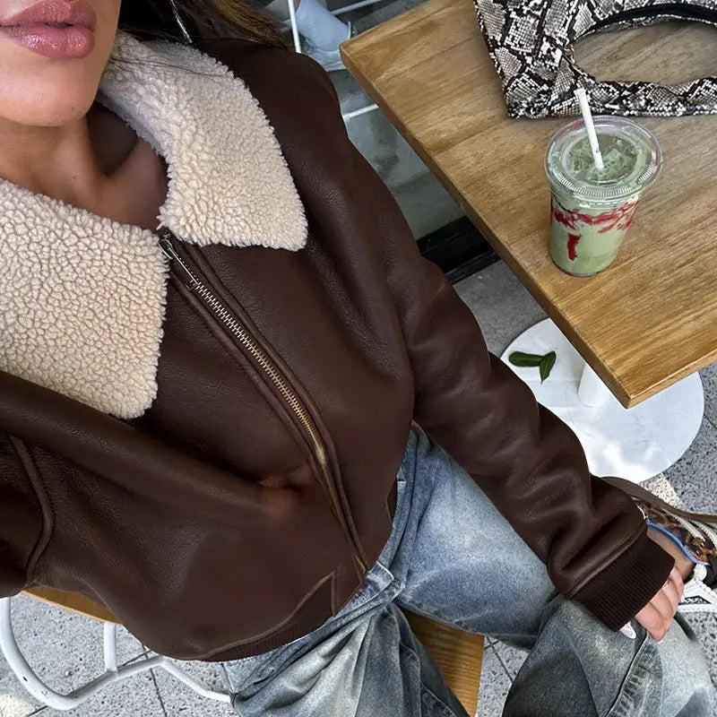 Solid Color Faux Leather Knitted Fur Lapel Zipper Basic Style Street Fashion