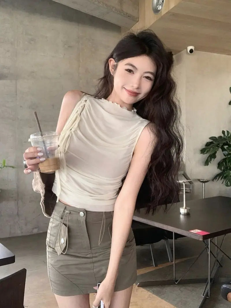 Design Mesh Lace-up Waist-controlled Pleated Vest