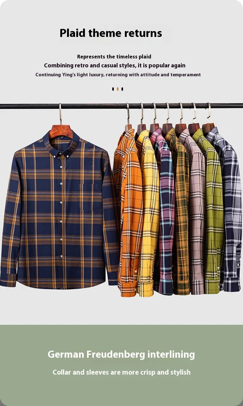 Men’s Xinjiang Cotton Plaid Buckle Collar Casual Cardigan Shirt