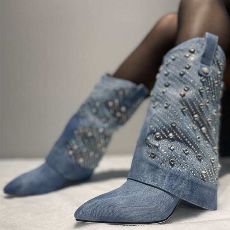 Heavy Industry Pointed Toe Stiletto Rhinestone Women’s Boots Jeans Pipe Boots