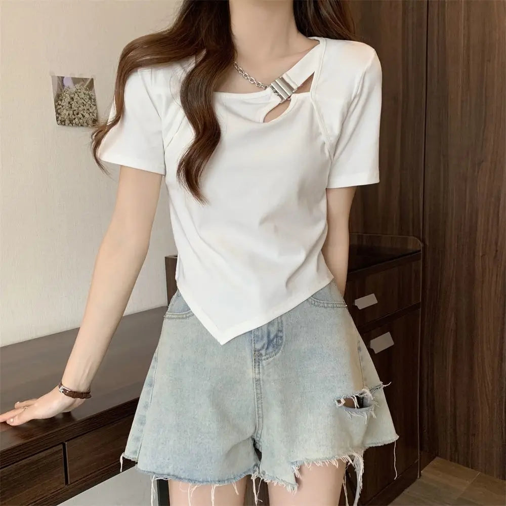 Slim Fit And Thin Cover Belly Hot Girl Irregular Short-sleeved T-shirt For Women