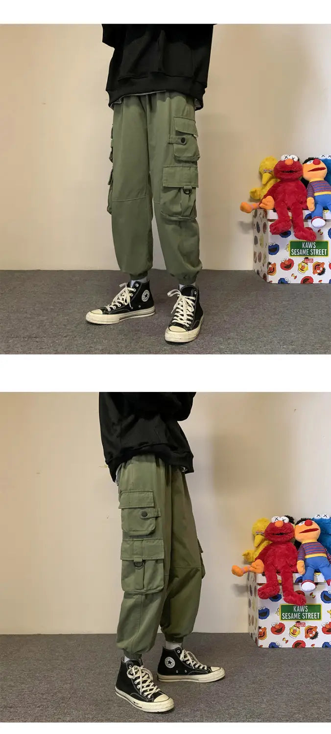 Early Spring Men’s Casual Pants Hong Kong Ctyle Loose Big Pocket Tooling Straight Leg Pants Korean Style Trend Wild