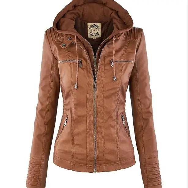 Women’s Detachable Lapel Long Sleeve Solid Color Zipper Leather Jacket Coat