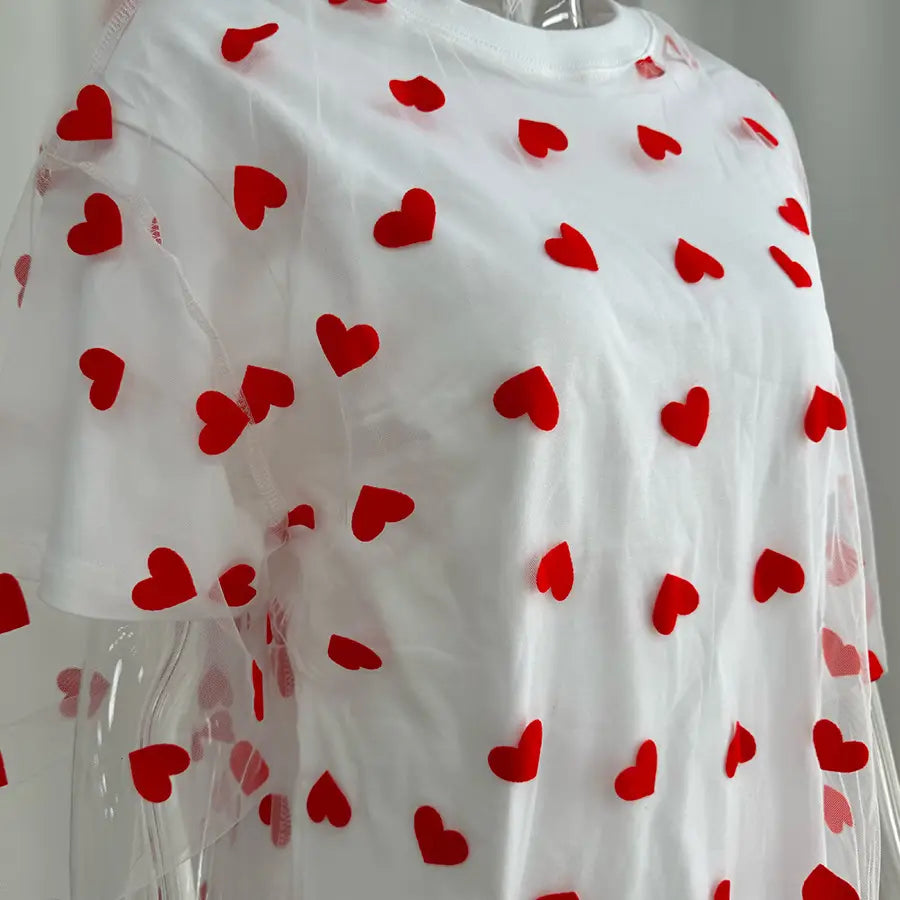 European And American Style Women’s Love Mesh Stitching Loose Basic Style Round Neck Short Sleeve T-shirt