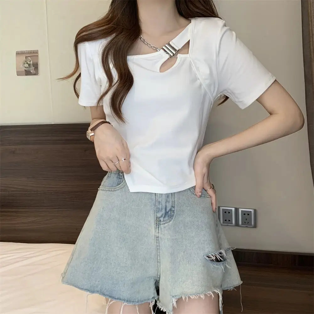 Slim Fit And Thin Cover Belly Hot Girl Irregular Short-sleeved T-shirt For Women
