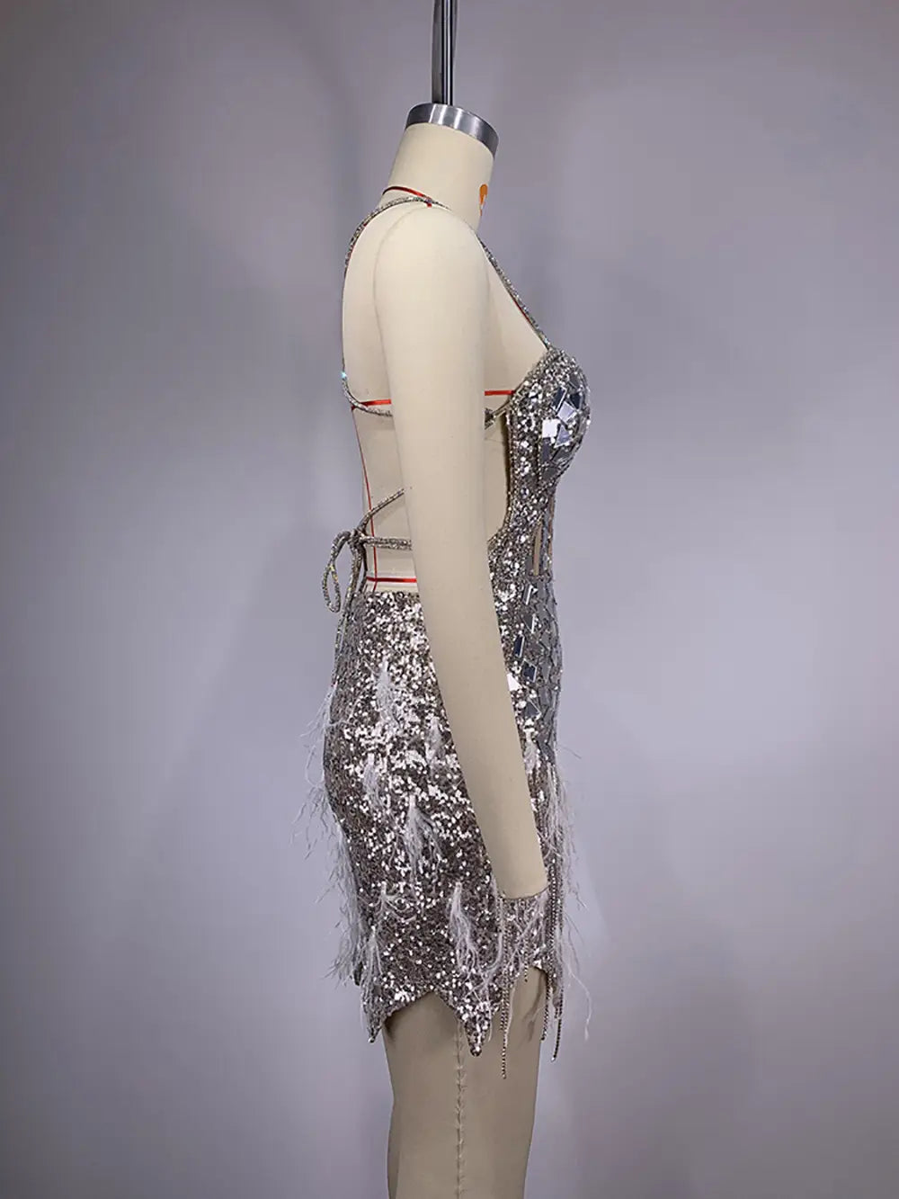 Female Summer Sequins Feather Tassel Backless Dress