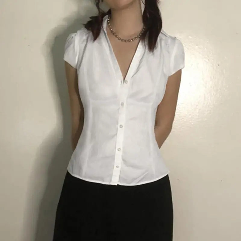 Solid Color Simple Waist Fitted Puff Sleeve Polo Shirt