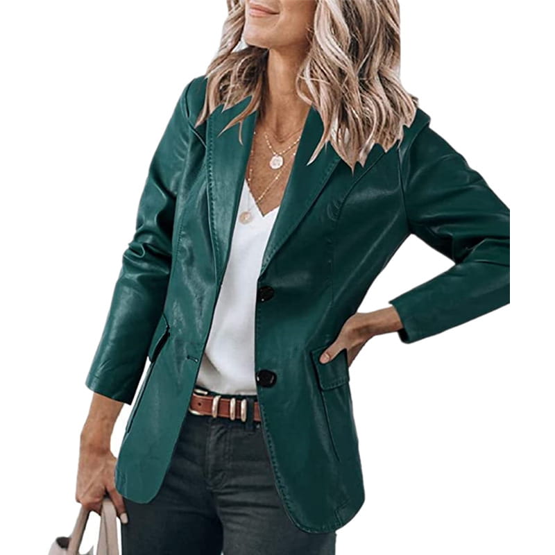 Elegant Slim-fit Lapel Single Breasted Solid Color PU Leather Long-sleeved Top