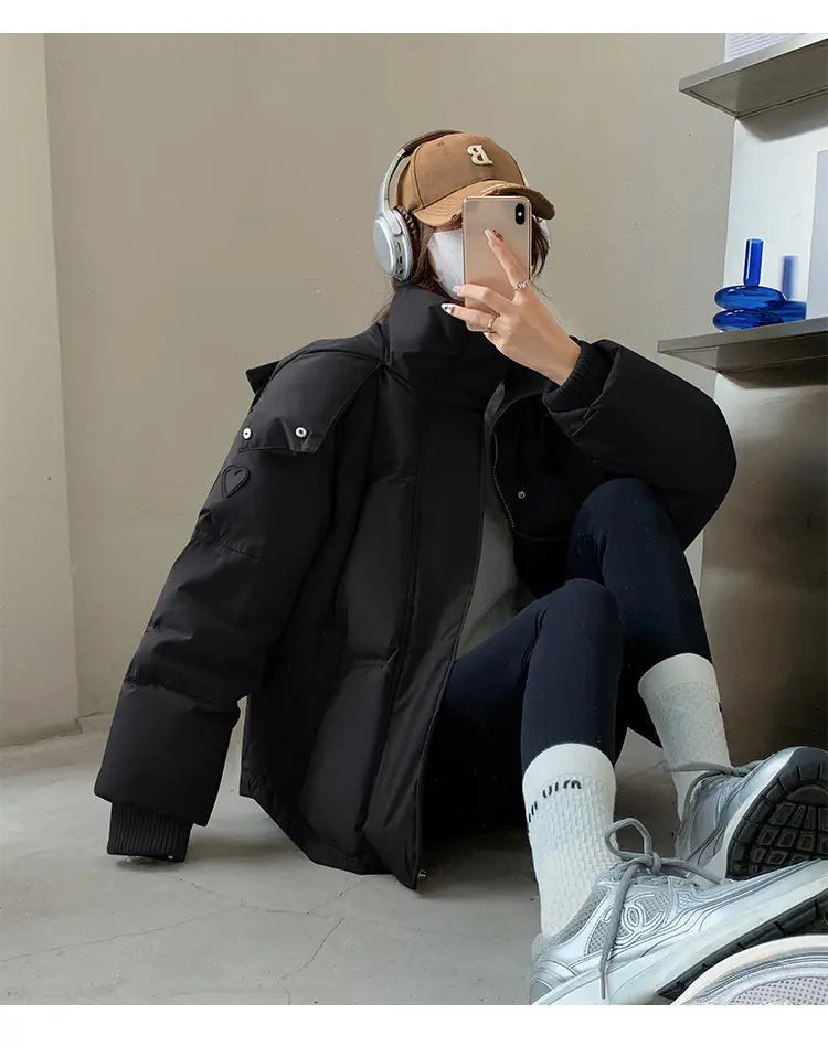 Gray With Heart Short Down Jacket Plus Size Women’s Bread Coat