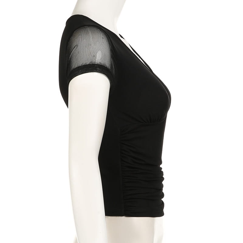 Deep V Design Small Pleated Pure Color Mesh Stitching Short Sleeve
