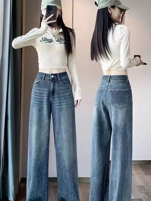 Korean Style Rhinestone High Waist Narrow Wide Leg Jeans