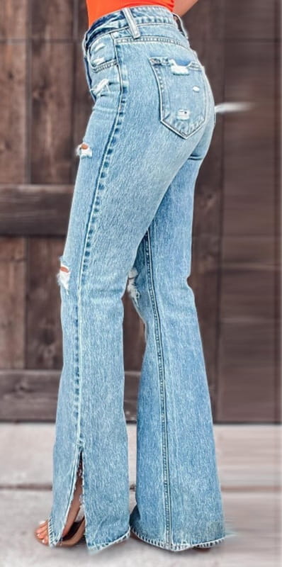 Ladies Jeans High Waist Ripped Slightly Stretch Split Trousers