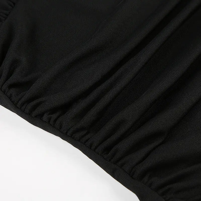 Deep V Design Small Pleated Pure Color Mesh Stitching Short Sleeve