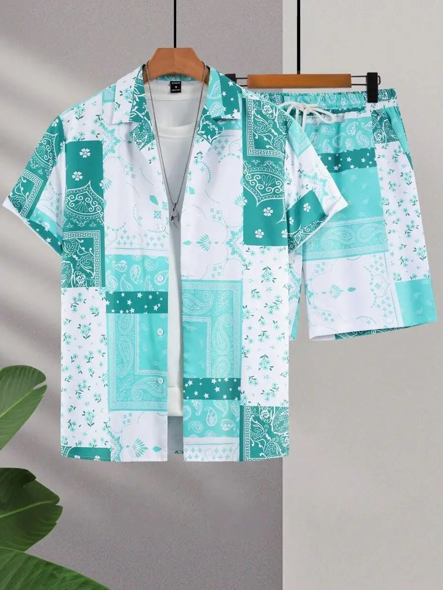 Contrast Color Retro Totem 3D Printed Shirt Shorts 2 Pieces Suit