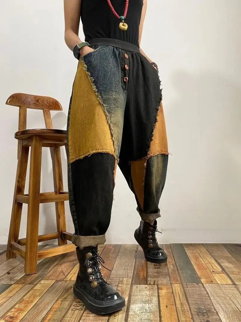 New Personalized Breasted Frayed Color Block Denim Harem Pants Loose Slimming Women