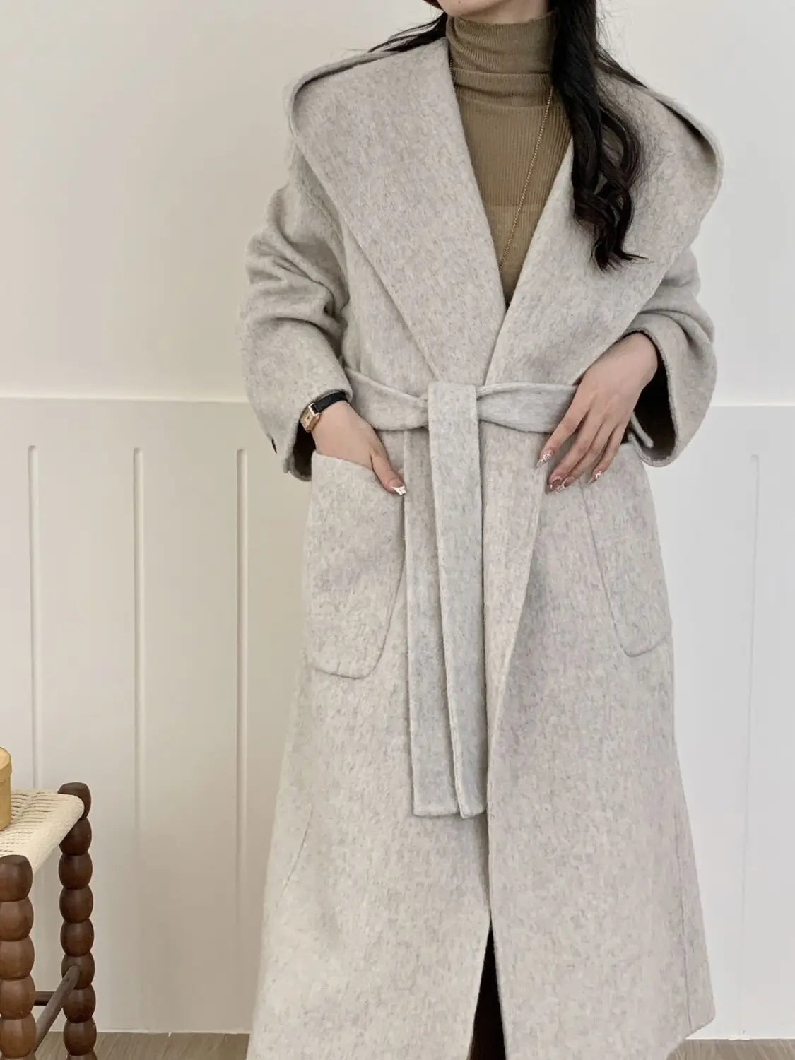 Solid Color Hooded Double-sided Wool Overcoat Women