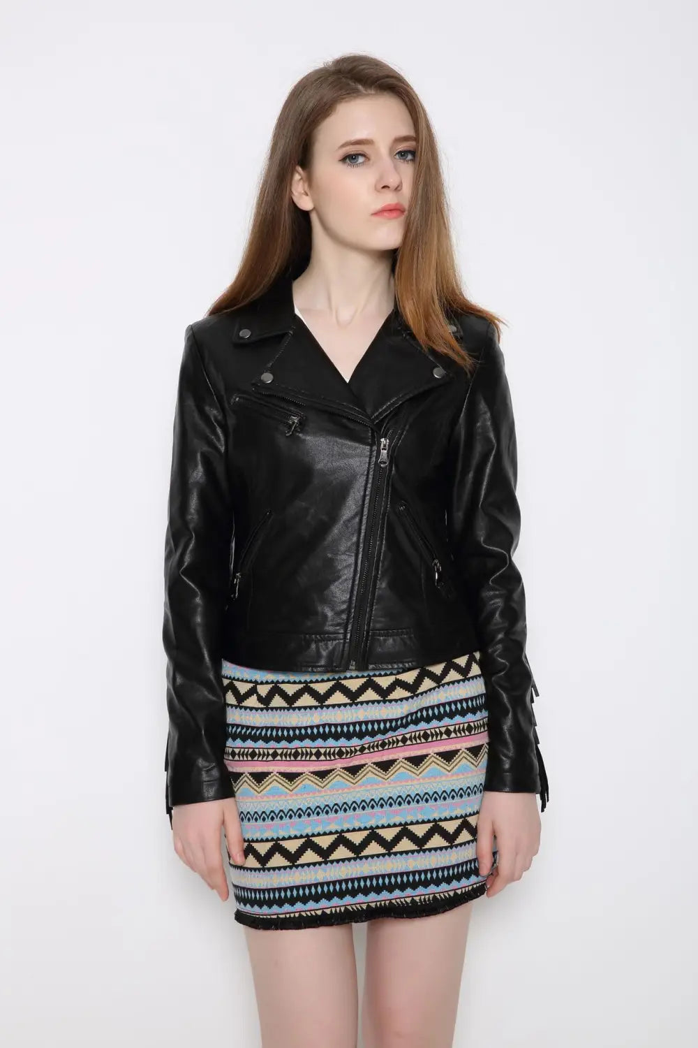 European And American Tassel Oblique Zipper Leather Women’s Slim Coat Motorcycle Street