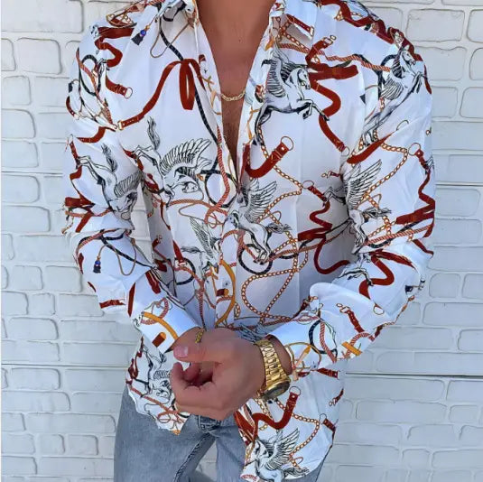 European And American Men’s Long-sleeved Shirt Casual Printing