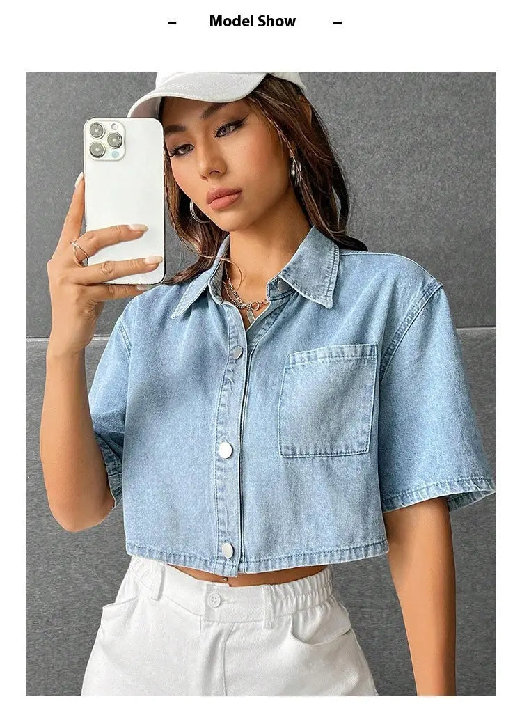 Fashion Thin Denim Small Waistcoat Short Sleeve Shirt